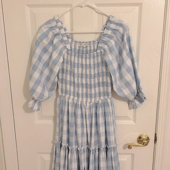 Ivy City Co Mia Blue Cotton Gingham Midi Dress Smocked Puff Sleeve New Size XXS - Picture 6 of 14
